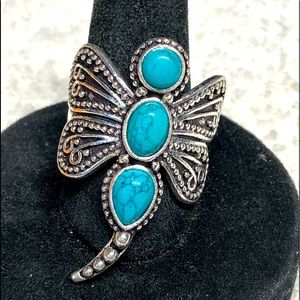 Pretty dragonfly/butterfly ring in sterling with genuine turquoise